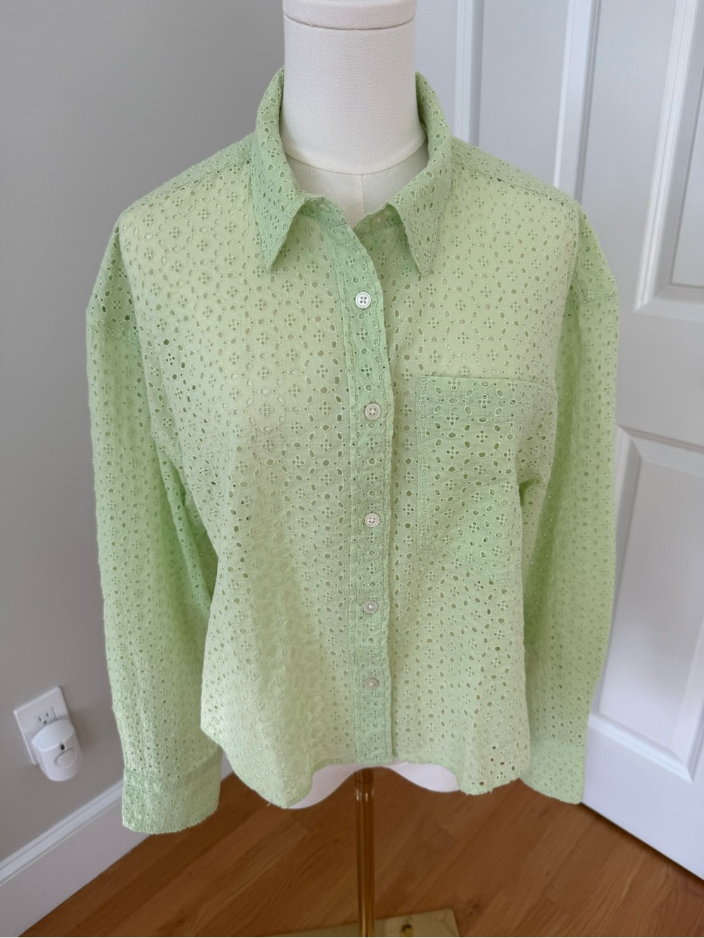 J Crew Light Green Eyelet Button-Up Shirt